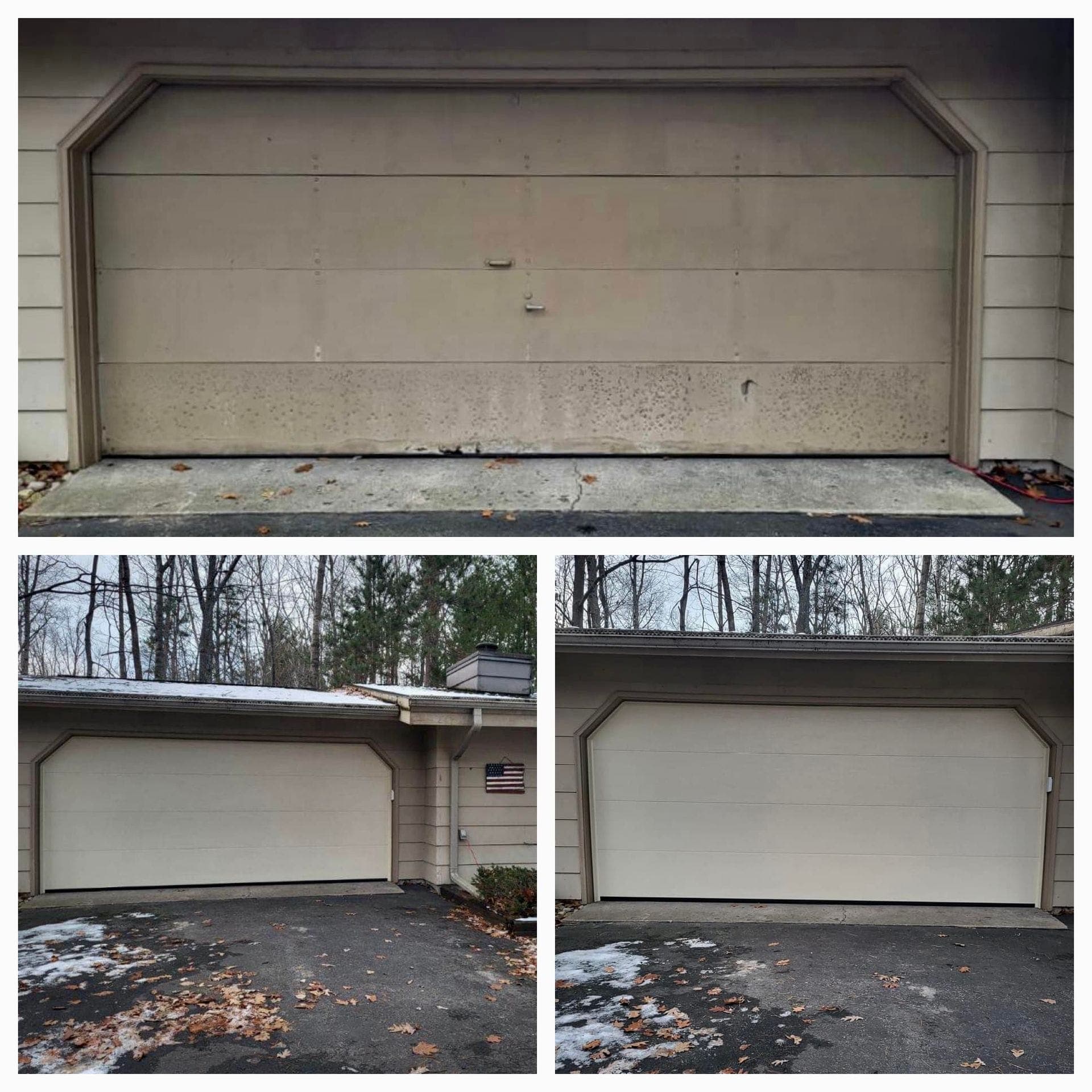 Damaged garage door and the new replacement door installed by B&B