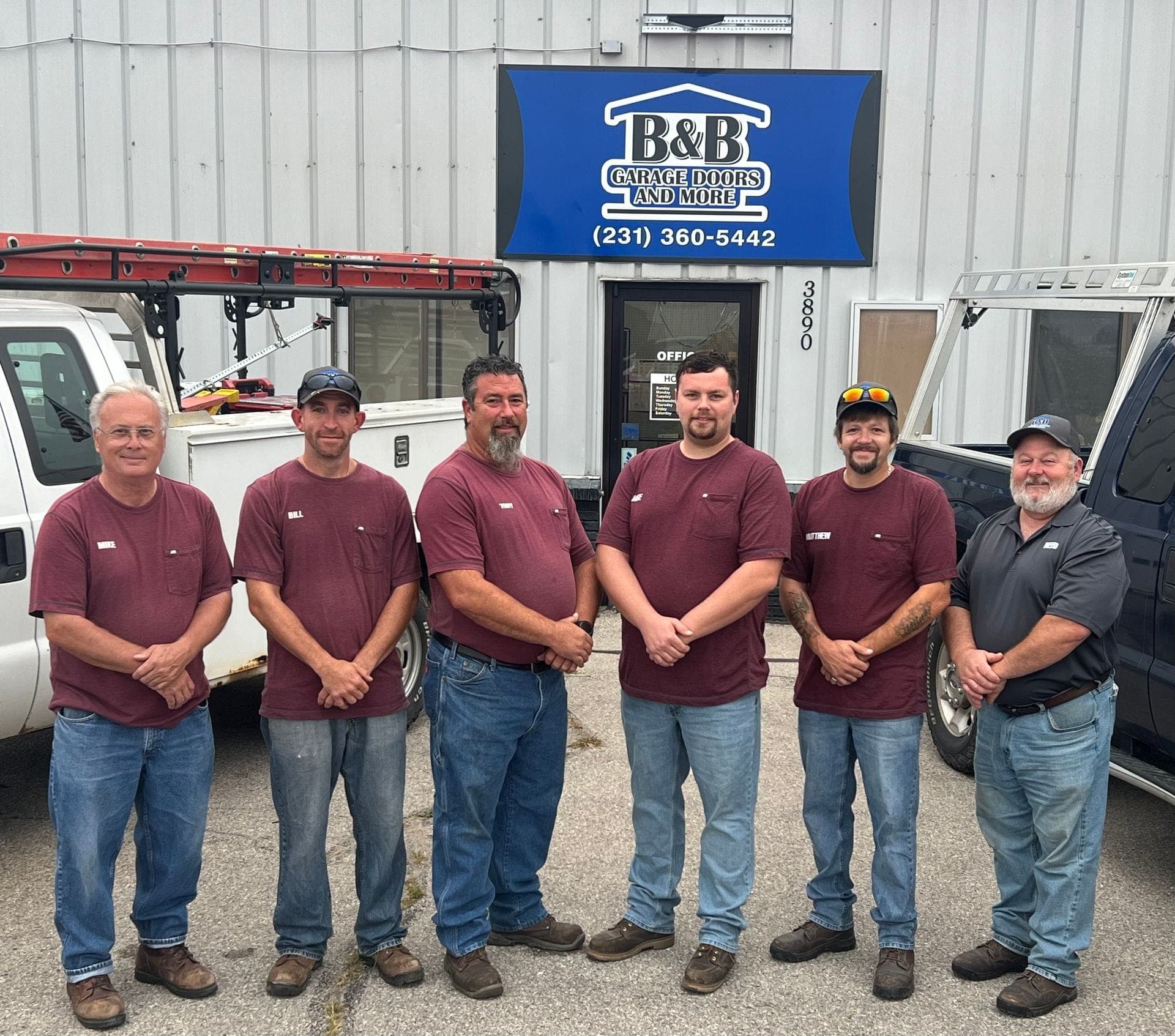 The B&B Garage Doors crew outside the office on Blue Star Drive in Traverse City